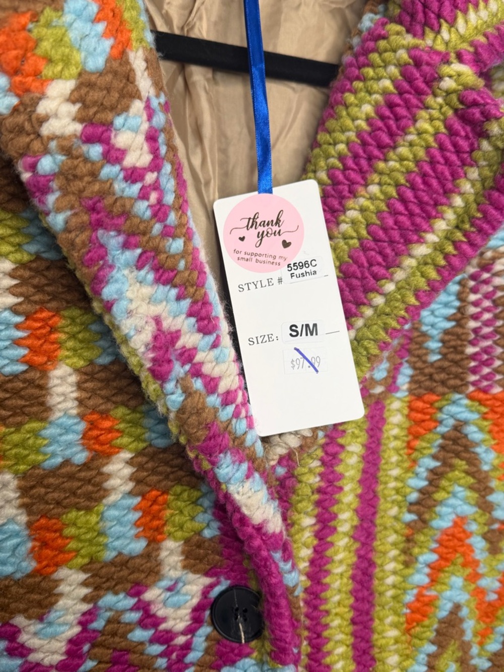 Tempo Paris Chunky‎ Knit Statement Coat Multicolor Boho Patchwork Jacket Sz S/M - Picture 5 of 14